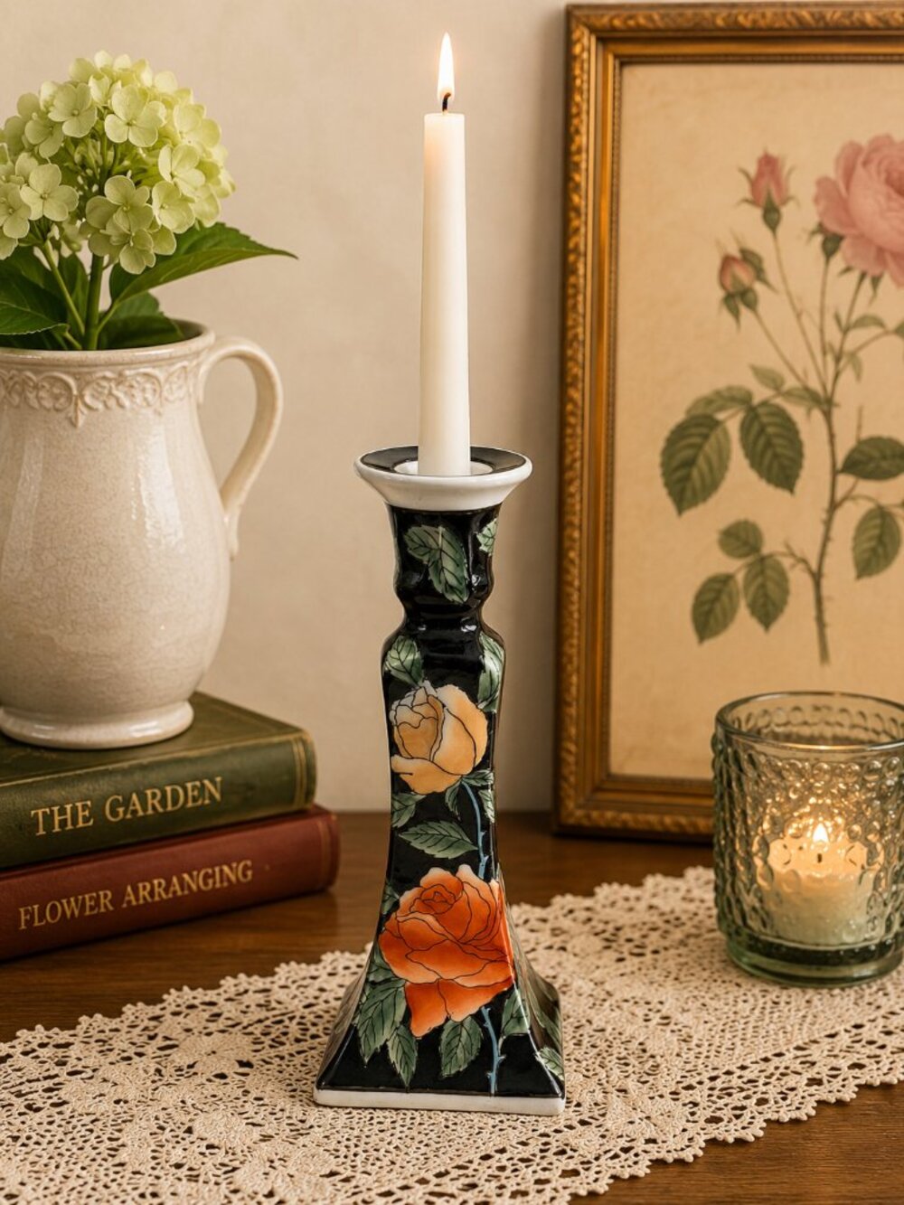 Vintage Hand-Painted Floral Porcelain Candlestick Holder – Rose Motif – 9” Tall